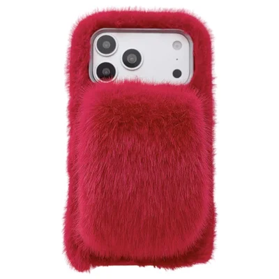 For iPhone 17 Pro Fluffy Phone Case Winter Warm TPU Cover with Hand Strap - Red