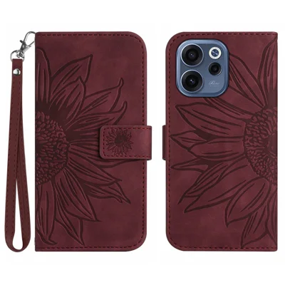 For Oppo Reno15 F 5G Case Sunflower Imprint Leather Wallet Phone Cover with Wrist Strap - Wine Red