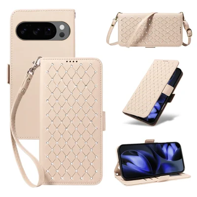 For Google Pixel 9 Pro / Google Pixel 10 / Google Pixel 10 Pro / Google Pixel 9 Leather Case Rhinestone Decor Rhombus Pattern Wallet Stand Flip Phone Cover with Straps - Apricot