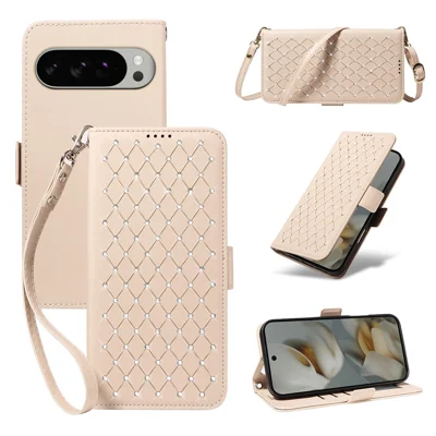 For Google Pixel 9 Pro XL / Google Pixel 10 Pro XL Leather Case Rhinestone Decor Rhombus Pattern Wallet Stand Flip Phone Cover with Straps - Apricot