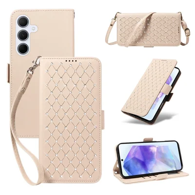 For Samsung Galaxy A55 5G Leather Case Rhinestone Decor Rhombus Pattern Wallet Stand Flip Phone Cover with Straps - Apricot