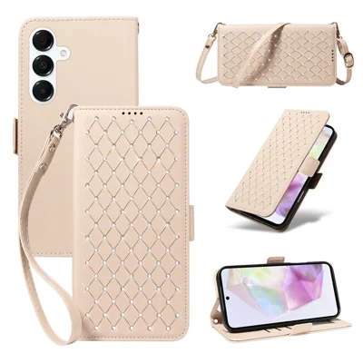 For Samsung Galaxy A35 5G Leather Case Rhinestone Decor Rhombus Pattern Wallet Stand Flip Phone Cover with Straps - Apricot