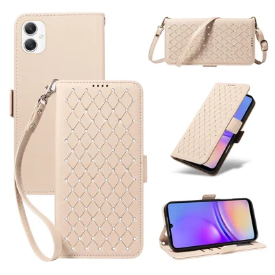 For Samsung Galaxy A08 5G / A08 4G / A07 5G / A06 5G / A06 4G Leather Case Rhinestone Decor Rhombus Pattern Wallet Stand Flip Phone Cover with Straps - Apricot