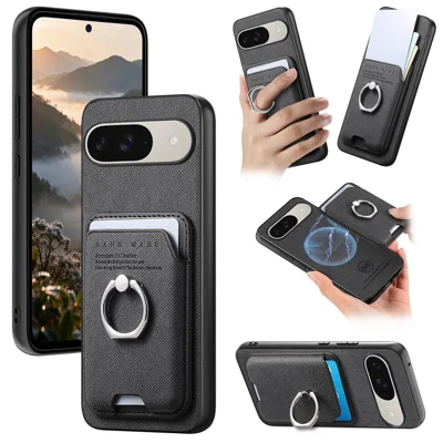 Phone Case For Google Pixel 10 Pro  /  Pixel 10 Cloth Texture  Leather + PC + TPU Phone Cover with Detachable Magnetic Ring Kickstand Card Holder - Black