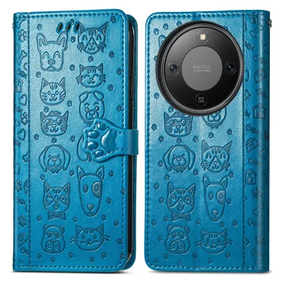 Phone Case For Honor Magic8 Lite 5G  /  X9d 5G  /  X70 5G Flip Wallet Leather Phone Cover with Cute Cat Dog Pattern - Blue
