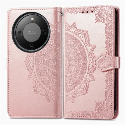 Capa Carteira para Honor Magic8 Lite 5G / X9d 5G / X70 5G Capa de Couro com Flor Mandala Suporte - Dourado Rosa
