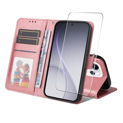 Capa Carteira em Pele Sintética para Oppo Reno15 Pro 5G (Global) ENKAY HAT PRINCE com Suporte para Telemóvel e Vidro Temperado 9H - Rosa