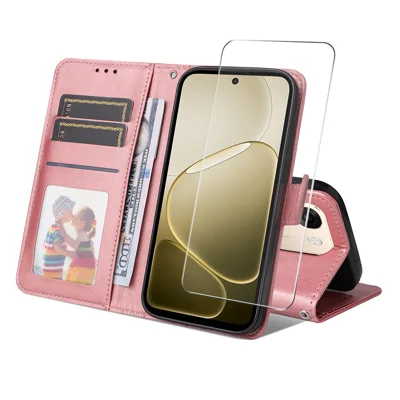 ENKAY HAT PRINCE For Oppo A6 Pro 4G / A6 Pro 5G / A6 5G (Global) PU Leather Wallet Case Phone Stand Cover with 9H Tempered Glass - Pink