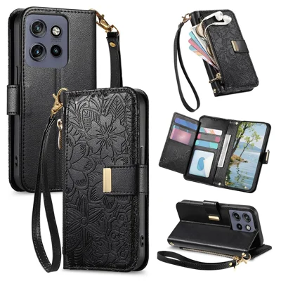 For Motorola Edge 60 Neo 5G / Edge 50 Neo 5G / Moto S50 5G / ThinkPhone 25 5G Case Floral Leaf Pattern Multi Card Slots Zipper Leather Phone Cover with Wrist Strap - Black