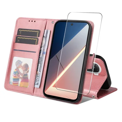 Für Xiaomi Poco M7 4G (EU) (171 mm) PU-Leder-Mappe ENKAY HAT PRINCE Ständer-Handyhülle mit 9H Gehärtetem Glas - Rosa