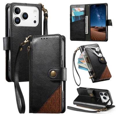 Flip-Case für iPhone 17 Pro aus TPU und PU-Leder in Farbakzenten, schlagfest, mit Brieftasche und Handschlaufe – Schwarz