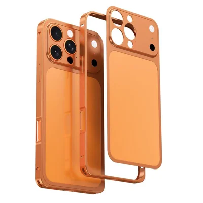 For iPhone 13 Pro Case Transform to 17 Pro Locking Buckle Metal Frame Alloy Back Phone Cover - Orange
