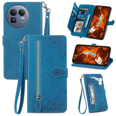For Realme GT 8 5G Zipper Wallet Case with Strap Flower Imprint PU Leather Phone Cover - Blue