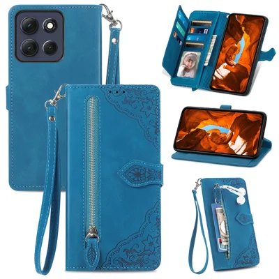 For Motorola Moto G67 Power 5G Zipper Wallet Case with Strap Flower Imprint PU Leather Phone Cover - Blue