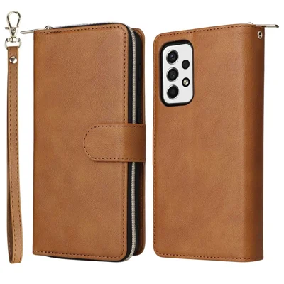For Samsung Galaxy A33 5G PU Leather Wallet Phone Case with 9 Card Slots, Zipper Pocket Stand Flip Cover - Brown