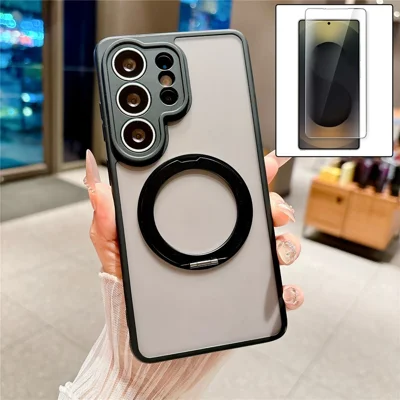 For Samsung Galaxy S26 Ultra Magnetic Case Rotating Kickstand TPU+PC Phone Cover with Tempered Glass Film - Black