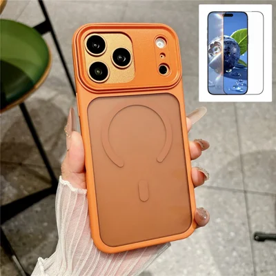 Voor iPhone 17 Pro Max Magnetische Case Skin Touch PC + TPU Antislip Telefoonhoes met Gehard Glas Compatibel met MagSafe - Oranje