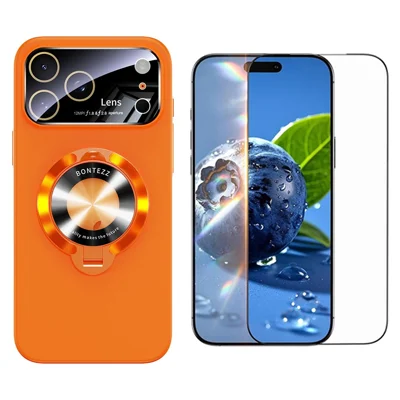 For iPhone 17 Pro Magnetic Case Ultra-thin TPU Anti-drop Phone Cover with Kickstand and Tempered Glass Compatible with MagSafe - Orange