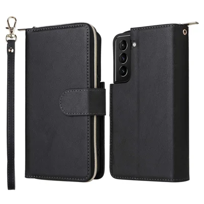 Para Samsung Galaxy S23 Stand Wallet Phone PU Leather Flip Case Magnetic 9 Card Holder Slots Zipper Pocket Cover with Strap - Black