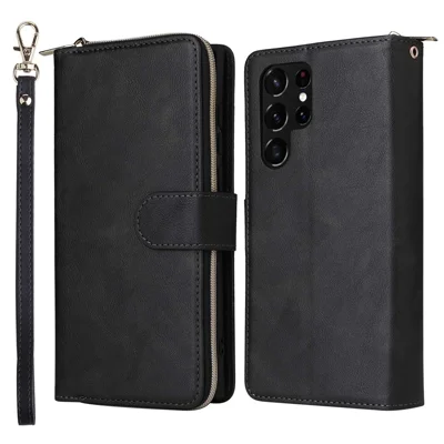 Für Samsung Galaxy S23 Ultra Freihändige Ständer Brieftasche Handy Flip Hülle PU-Leder Magnetisch 9 Kartenfächer Reißverschlusstasche Abdeckung mit Gurt - Schwarz
