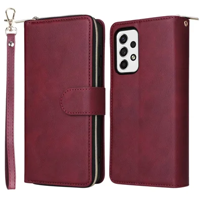 Voor Samsung Galaxy A53 5G Stand Wallet Fliphoes van PU-leer met magnetische sluiting, 9 kaarthouders, vak met rits en handtas - Wijnrood