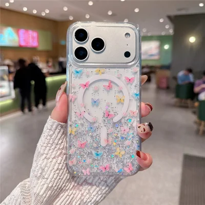 Coque magnétique pour iPhone 17 Pro Max, coque transparente en TPU résistante aux chocs avec époxy pailleté, compatible MagSafe - Papillon