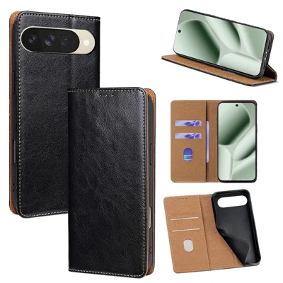 For Google Pixel 10 Case Genuine Cow Leather Stand Mobile Phone Cover with RFID Blocking Wallet - Black