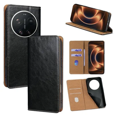 For Xiaomi 17 Ultra 5G Case Genuine Cow Leather Stand Mobile Phone Cover with RFID Blocking Wallet - Black