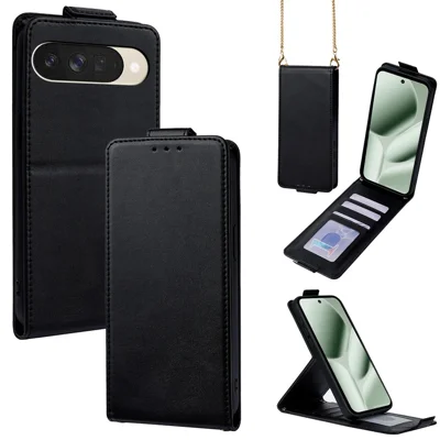 For Google Pixel 10 Case Card Holder Vertical Flip Leather Phone Cover with Crossbody Shoulder Strap - Black