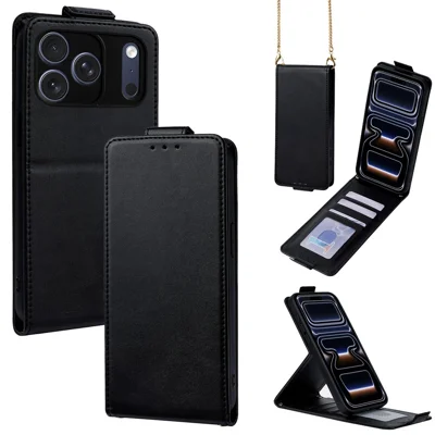 Für iPhone 17 Pro Case Kartenhalter Vertikaler Flip-Lederbezug mit Umhängeschnur - Schwarz