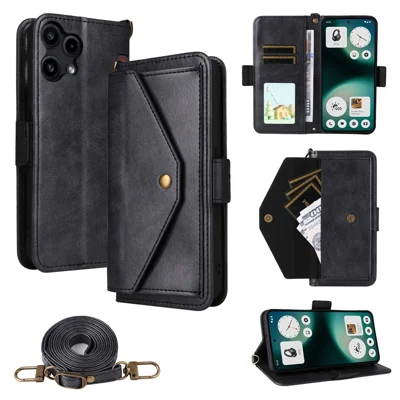 For Nothing Phone (3a) Lite 5G Leather Case Magnetic Closure Wallet Stand Phone Cover with Crossbody Strap - Black