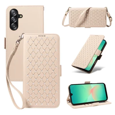 For Samsung Galaxy A18 5G / A18 4G A17 5G / A17 4G / A26 5G / A16 5G / A16 4G Leather Case Rhinestone Decor Rhombus Pattern Wallet Stand Flip Phone Cover with Straps - Apricot
