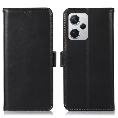 Pour Xiaomi Redmi Note 12 Pro + 5G RFID Blocking Véritable Boîtier en Cuir de Vache - le Noir