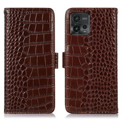 For Motorola Moto G72 4G Crocodile Texture RFID Blocking Phone Case Genuine Cowhide Leather Wallet Stand Protective Phone Cover - Brown