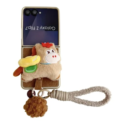 For Samsung Galaxy Z Flip7 5G Case Plush Animal TPU PC Phone Cover with Wrist Strap and Pom-pom Bell - Brown