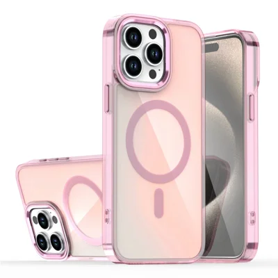 For iPhone 15 Pro Max Magnetic Case Cute Fluorescent Design TPU Phone Back Cover - Pink