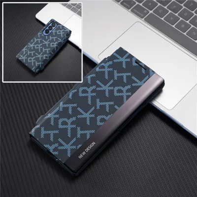 For Samsung Galaxy Z Fold4 5G Case Geometric Pixel Pattern Kickstand Foldable PC Phone Cover with Stylus - Blue