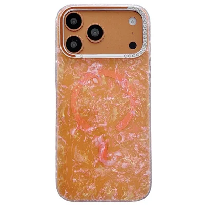 Coque pour iPhone 17 Pro Max compatible MagSafe avec cadre de lentille orné de strass, texture de coquille, housse en TPU + PC - Orange