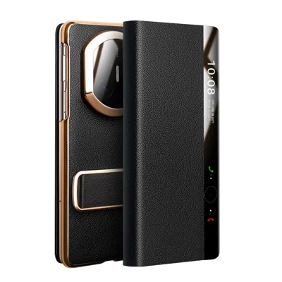 QIALINO لجهاز Huawei Mate X7 غطاء جلدي أصلي من جلد البقر مع حامل قابل للطي ونافذة عرض - أسود