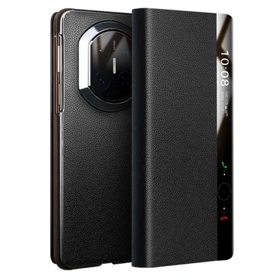 QIALINO لجهاز Huawei Mate X7 غطاء بفتحة عرض ذكية من جلد البقر الأصلي - أسود