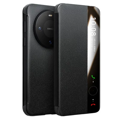 QIALINO для Huawei Mate 80 Pro Max чехол с окошком, настоящая корова кожаный откидной чехол с кармашком для карт - черный