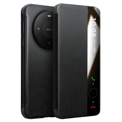 QIALINO voor Huawei Mate 80 / Mate 80 Pro hoes met kijkvenster van echt koeienleer met kaartvak - Zwart