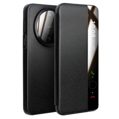 QIALINO для Huawei Mate 80 Pro Max чехол с окошком, флип из натуральной кожи коровы с защитой объектива из закаленного стекла - черный