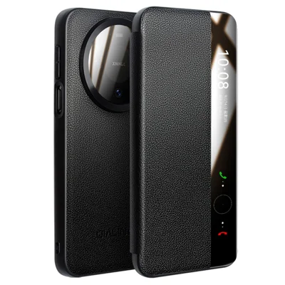 QIALINO voor Huawei Mate 80 / Mate 80 Pro hoes met kijkvenster Echt lederen oprolhoes met gehard glas lensbeschermer - Zwart