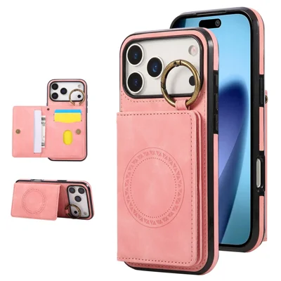 For iPhone 17 Pro Max Case Card Holder Kickstand Leer + TPU-telefoonhoes met ringhouder - Roze goud