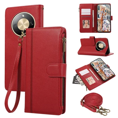 Coque de téléphone pour Honor Magic8 Lite 5G / X9d 5G / X70 5G, étui en cuir avec plusieurs fentes pour cartes, fermeture à glissière, sangle d'épaule / sangle de poignet - Rouge