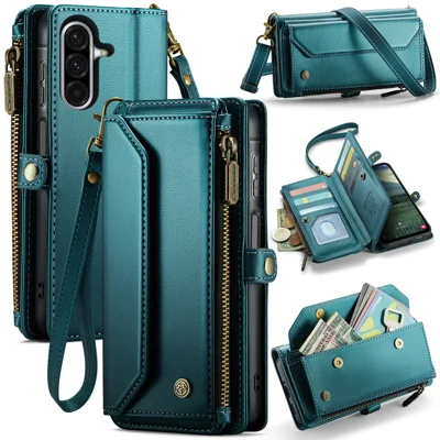 CASEME For Samsung Galaxy A37 5G Leather Case  C36 Zipper 10 Card Slots Phone Cover with Straps - Green
