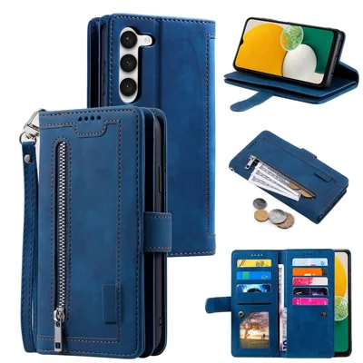 Étui en cuir pour Samsung Galaxy S23, housse de protection anti-chute avec plusieurs fentes pour cartes, portefeuille avec fermeture à glissière / sangle - Bleu