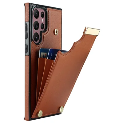 For Samsung Galaxy S26 Ultra Case TPU + PU Leather Hardware Decor Phone Cover with Card Holder - Brown
