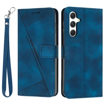 For Samsung Galaxy A37 5G Leather Case Imprinted Triangle Phone Cover with Hand Strap - Blue